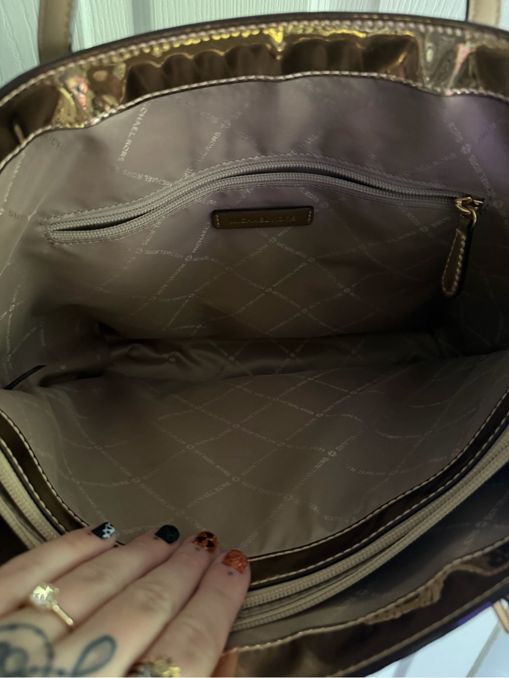Michael Kors Iridescent Metallic MK-Embossed Tote - Picture 11 of 14